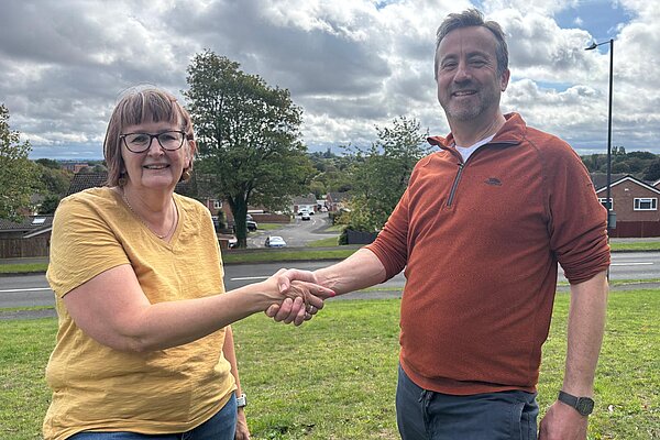 Sarah greets Oliver Jacques